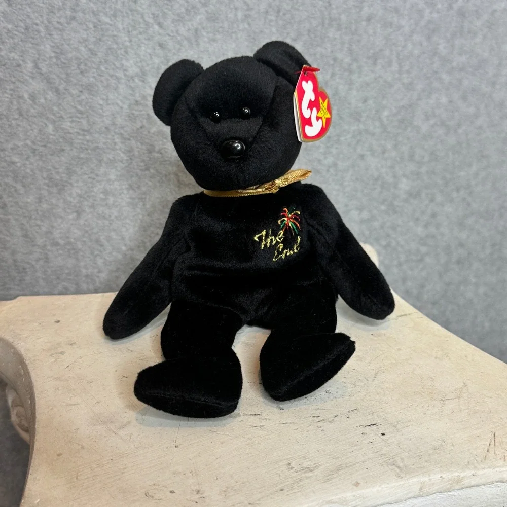 Vintage Ty Beanie Baby The End Black Bear Plush Gold Bow‎ Tie 2000 Retired